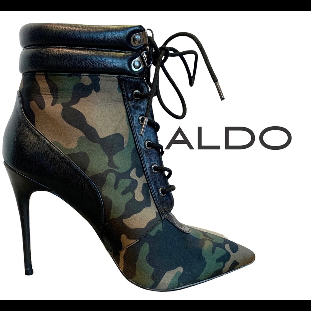 Aldo camo stiletto high heel ankle booties size 8.5
